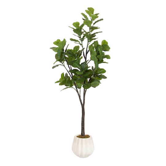 Kate and Laurel Fidmont 6ft. Faux Fiddle Fig Tree with Claudel Scalloped Planter